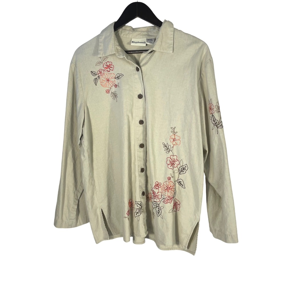 Appleseed's Women's Linen Blend Button Down Shirt Floral Embroidered Beige 14M